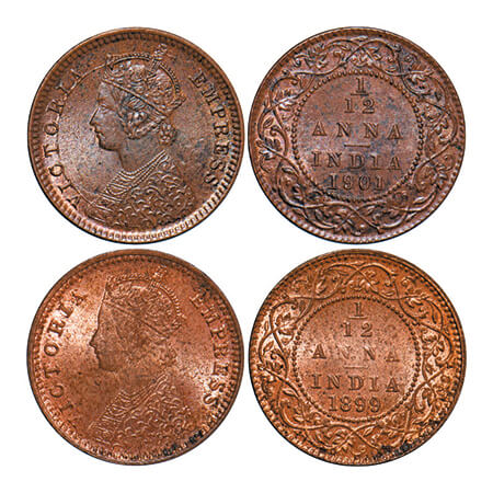 Victoria Empress, Copper, 1/12 Anna, (2 coins), 1899, 1901, Calcutta Mint, obv B, No mint 