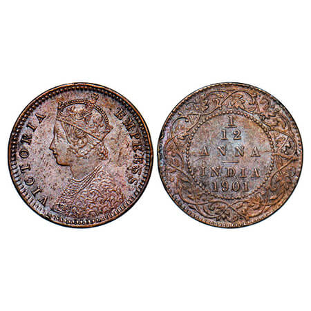 Victoria Empress, Copper, 1/12 Anna, 1901, Calcutta Mint, Obv B, No mint mark, Die crack o