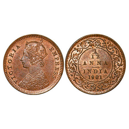 Victoria Empress, Copper, 1/12 Anna, 1901, Calcutta Mint, Obv 'B', No mint mark. GK 921. B