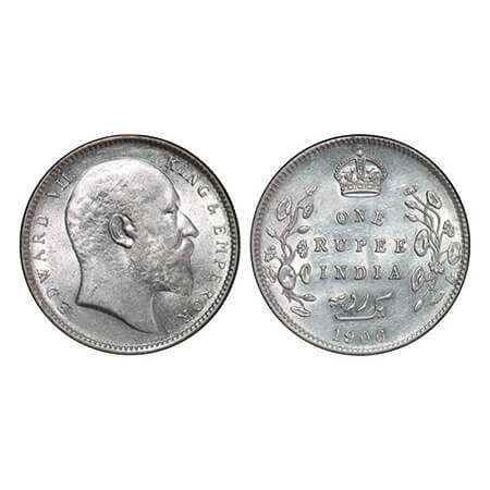 Edward VII, Silver, Rupee, 1906, Calcutta Mint, No mint mark. GK 938. Uncirculated. Scarce