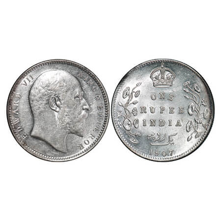 Edward VII, Silver, Rupee, 1907, Calcutta Mint, No mint mark. GK 942. Uncirculated. Scarce