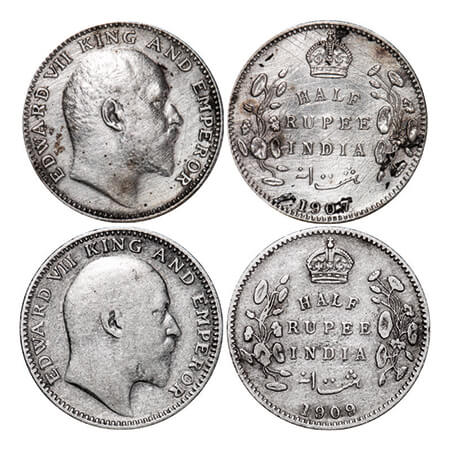 Edward VII, Silver, Half Rupee, (2 coins), 1) 1907, Bombay Mint, 'B' incused and dot, Scra