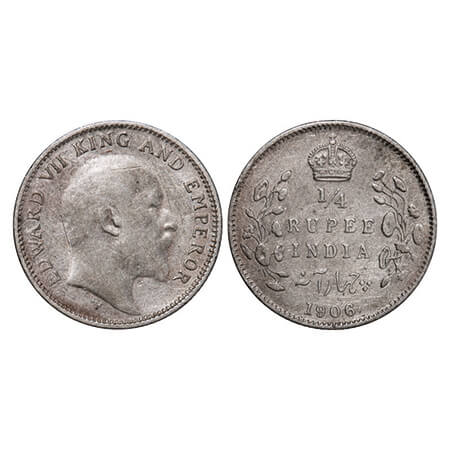 Edward VII, Silver, 1/4 Rupee, 1906, Calcutta Mint, No mint mark. GK 975. Very Fine. Scarc
