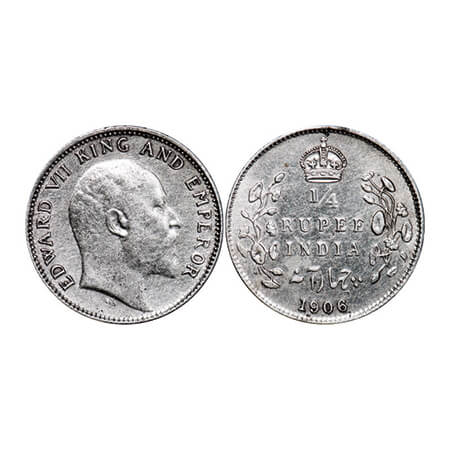 Edward VII, Silver, 1/4 Rupee, 1906, Calcutta Mint, No mint mark. GK 975. Extremely Fine+.