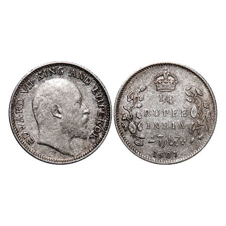 Edward VII, Silver, 1/4 Rupee, 1907, Calcutta Mint, No mint mark. GK 976. Extremely Fine. 