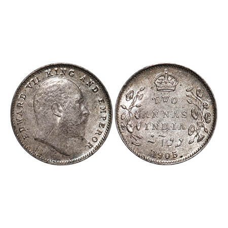 Edward VII, Silver, 2 Annas, 1905, Calcutta Mint, No mint mark, Die crack on Obv. GK 982. 