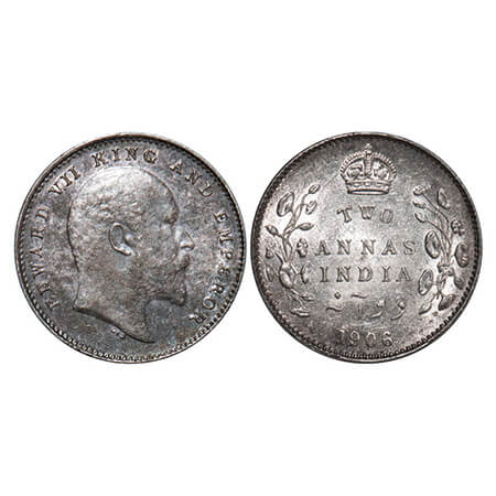 Edward VII, Silver, 2 Annas, 1906, Calcutta Mint, No mint mark. GK 983. Extremely Fine+. S