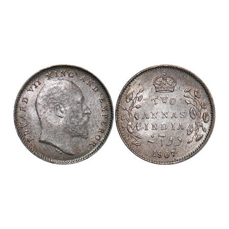 Edward VII, Silver, 2 Annas, 1907, Calcutta Mint, No mint mark. GK 984. About Uncirculated