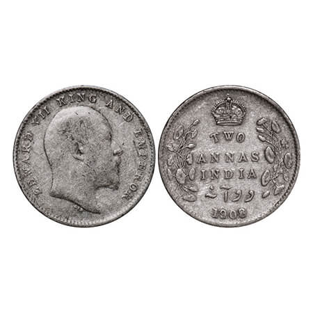 Edward VII, Silver, 2 Annas, 1908, Calcutta Mint, No mint mark. GK 985. Very Fine. Scarce.