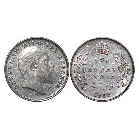 Edward VII, Silver, 2 Annas, 1910, Bombay Mint, Dot, Die crack on Obv. GK 988. Extremely F