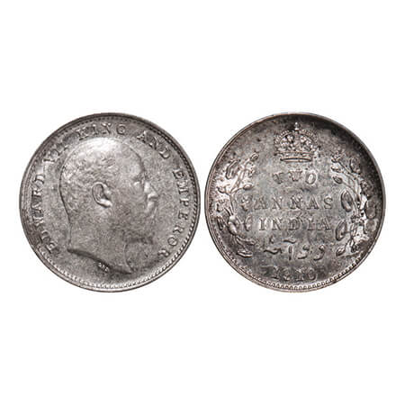 Edward VII, Silver, 2 Annas, 1910, Bombay Mint, Dot. GK 988. Uncirculated, Details. Very S
