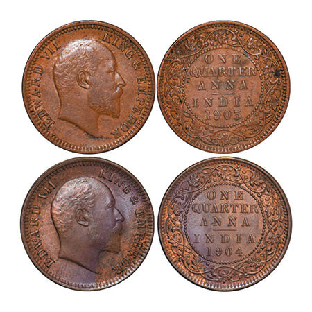 Edward VII, Copper, Quarter Anna, (2 coins), 1903, 1904, Calcutta Mint, No mint mark. GK 9