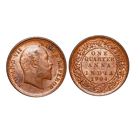 Edward VII, Copper, Quarter Anna, 1904, Calcutta Mint, No mint mark. GK 995. Uncirculated.