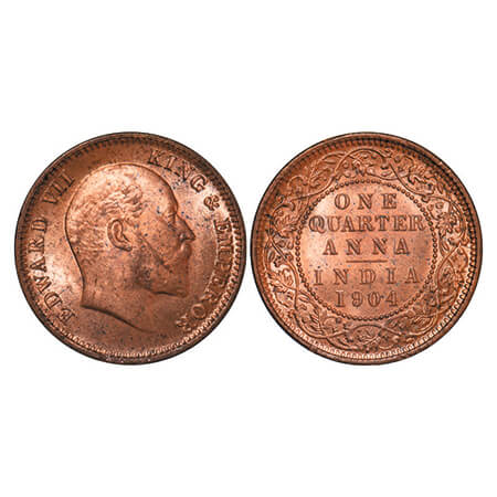 Edward Vii, Copper, Quarter Anna, 1904, Calcutta Mint, No mint mark. GK 995. Brilliant Unc
