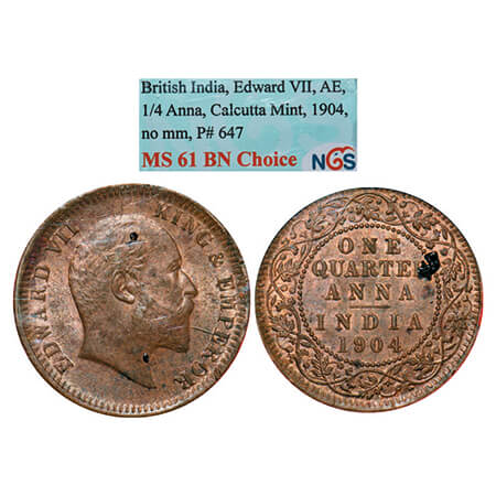 Edward VII, Copper, Quarter Anna, 1904, Calcutta Mint, No mint mark. GK 995. NGS Slabbed M
