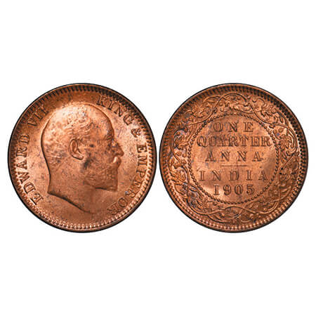 Edward VII, Copper, Quarter Anna, 1905, Calcutta Mint, No mint mark, Die crack on obv. GK 