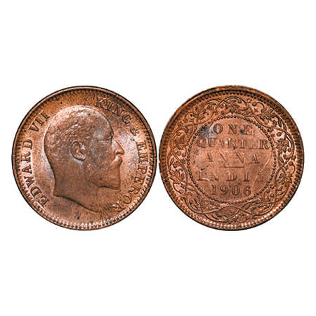 Edward VII, Copper, Quarter Anna, 1906, (6.42g), Calcutta mint, No mint mark, Ghost on Rev