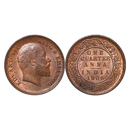 Edward VII, Copper, Quarter Anna, 1906, (6.42g), Calcutta Mint, No mint mark, Ghost on Rev