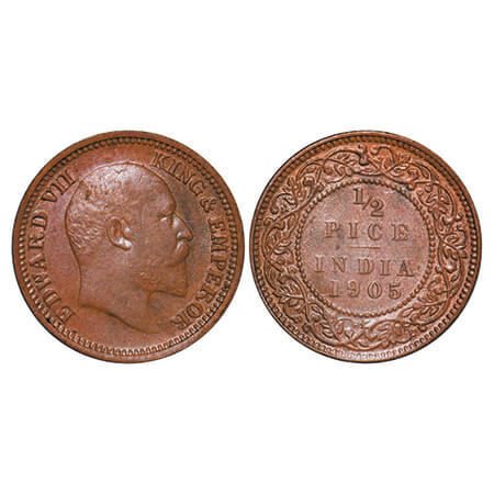 Edward VII, Copper, 1/2 Pice, 1905, Calcutta Mint, No mint mark. GK 1005. Almost Uncircula