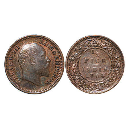 Edward VII, Copper, 1/2 Pice, 1906, (3.12g), Calcutta Mint, No mint mark. GK 1006. About U