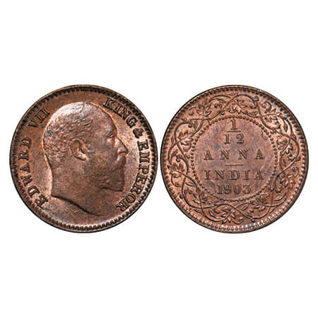 Edward VII, Copper, 1/12 Anna, 1903, Calcutta Mint, No mint mark, Die crack on Obv. GK 101