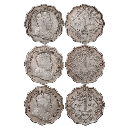 Edward VII, Copper-Nickel, 1 Anna, (3 coins), 1907, 1909(2), Bombay Mint, 'B' incused. GK 