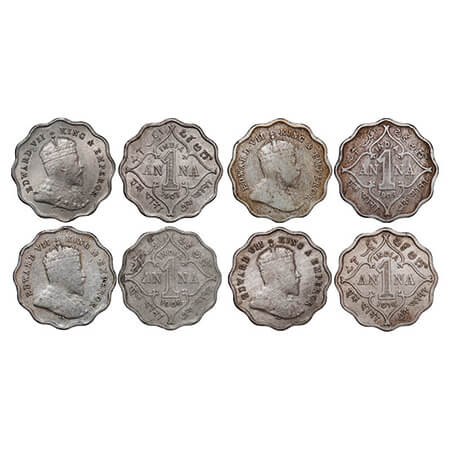 Edward VII, Copper-Nickel, 1 Anna, (4 coins), 1907, 1908, 1909, 1910, Bombay Mint, 'B' inc