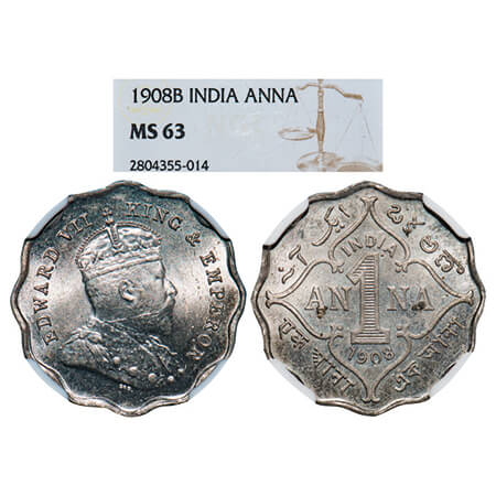 Edward VII, Copper-Nickel, 1 Anna, 1908, Bombay Mint, 'B' incused. GK 991. NGC Slabbed MS 