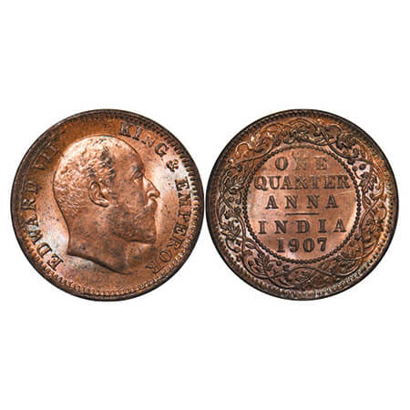 Edward Vii, Bronze, Quarter Anna, 1907, Calcutta Mint, No mint mark. GK 999. Uncirculated.