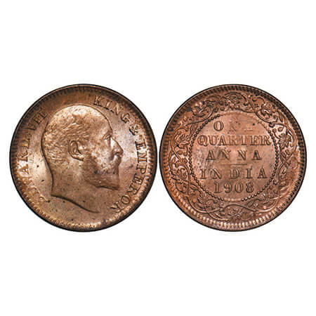 Edward Vii, Bronze, Quarter Anna, 1908, Calcutta Mint, No mint mark. GK 1000. Uncirculated