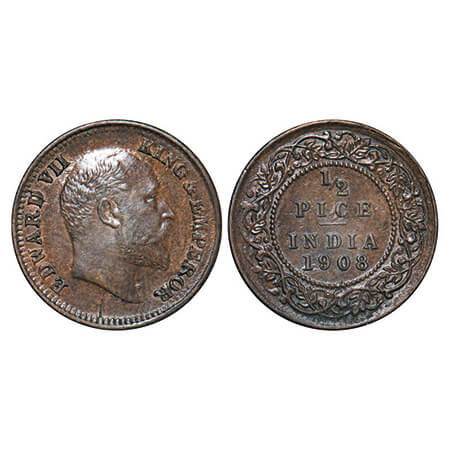 Edward VII, Bronze, 1/2 Pice 1908, Calcutta Mint, No mint mark, Ghost on Rev, die cracks o