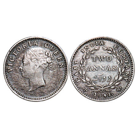 Victoria Queen, Silver, 2 Annas, 1841, CL, (15.32 mm), Calcutta Mint, A/I, Plain edge, Num