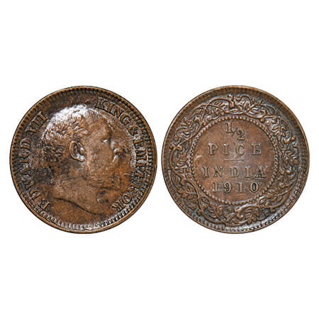 Edward VII, Bronze, 1/2 Pice 1910, Calcutta Mint, No mint mark, Ghost on Rev, Die crack on
