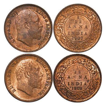 Edward VII, Bronze, 1/12 Anna, (2 coins), 1907, 1908, Calcutta Mint, No mint mark. GK 1017