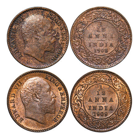 Edward VII, Bronze, 1/12 Anna, (2 coins), 1908, 1909, Calcutta Mint, No mint mark. GK 1018