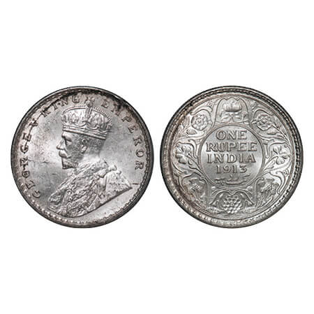 George V, Silver, Rupee, 1913, Calcutta Mint, No dot, Ghost on Rev. GK 1027. Mint State. S