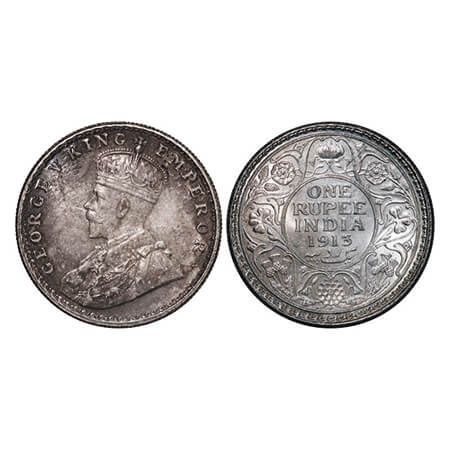 George V, Silver, Rupee, 1913, Bombay Mint, Dot. GK 1028. Mint State, Toned (obv). Scarce.