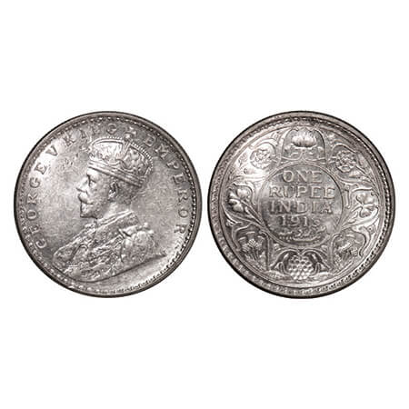 George V, Silver, Rupee, 1913, Bombay Mint, Dot, Ghost on Rev. GK 1028. About Uncirculated