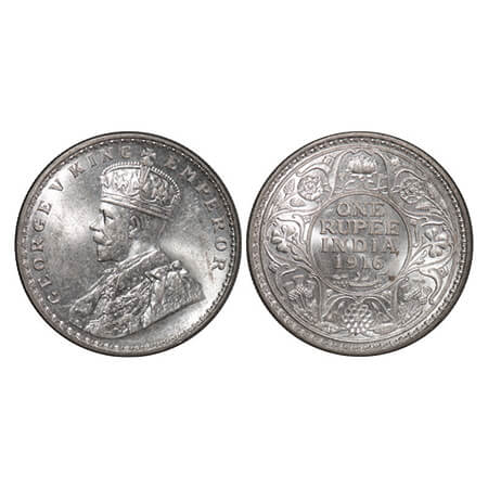 George V, Silver, Rupee, 1916, Calcutta Mint, No dot. GK 1033. Uncirculated. Scarce.