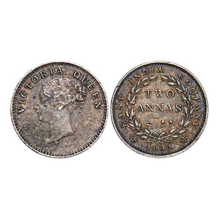 Victoria Queen, Silver, 2 Annas, 1841, CL, Calcutta Mint, A(a)/I, Plain edge. GK 135. Extr