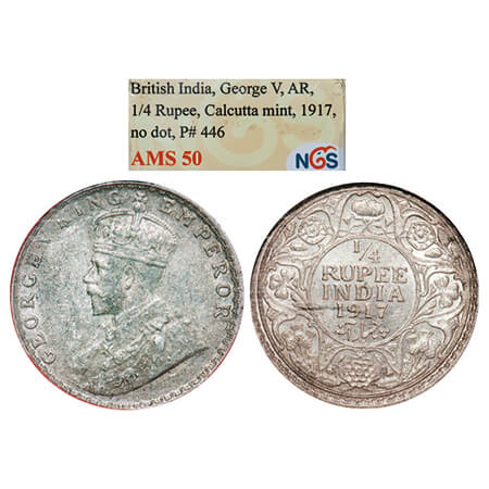 George V, Silver, Rupee, 1917, Calcutta Mint, No dot. GK 1035. NGS Slabbed AMS 50. Scarce.