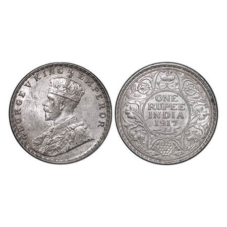 George V, Silver, Rupee, 1917, Bombay Mint, Dot, Alphabate 'R' of Rupee seen on Obv. GK 10