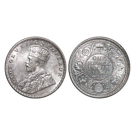 George V, Silver, Rupee, 1918, Bombay Mint, Dot, Ghost on Rev. GK 1038. Mint State. Rare.