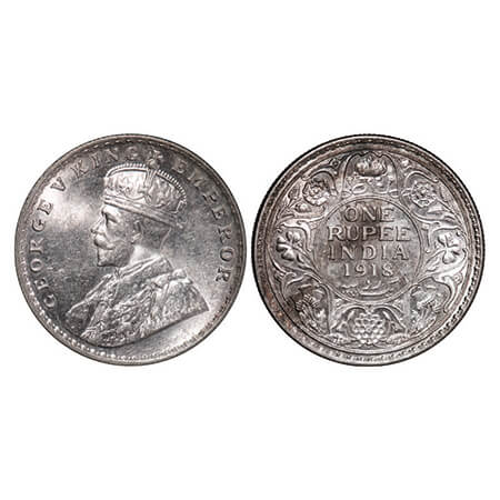 George V, Silver, Rupee, 1918, Bombay Mint, Dot. GK 1038. Uncirculated, Toned. Sarce.