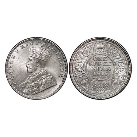 George V, Silver, Rupee, 1919, Calcutta Mint, No dot. GK 1039. Mint State. Very Scarce.