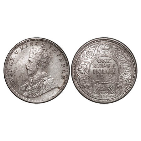 George V, Silver, Rupee, 1919, Calcutta Mint, No dot. GK 1039. About Uncirculated. Very Sc