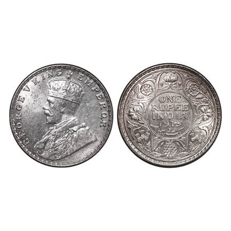 George V, Silver, Rupee, 1919, Bombay Mint, Dot, Error, Struck through error on Rev, Ghost