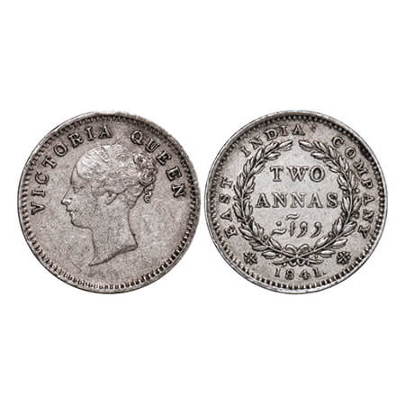 Victoria Queen, Silver, 2 Annas, 1841, CL, Calcutta Mint, A(a)/I, Plain edge. GK 135. Very