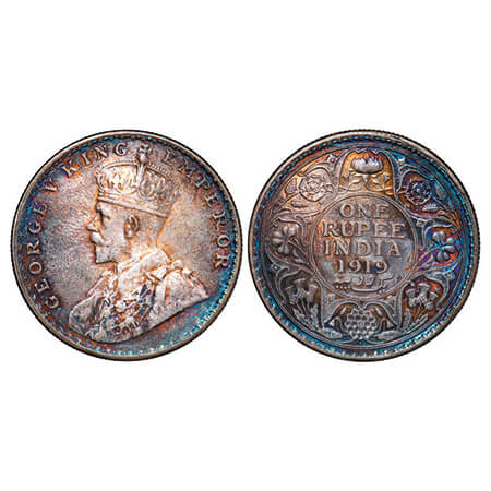 George V, Silver, Rupee, 1919, Bombay Mint, Dot. GK 1040. Very Fine+, Rainbow Toned. Scarc