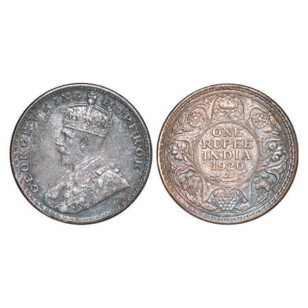George V, Silver, Rupee, 1920, Calcutta Mint, No dot, Numeral '0' of year date 1920 seen o